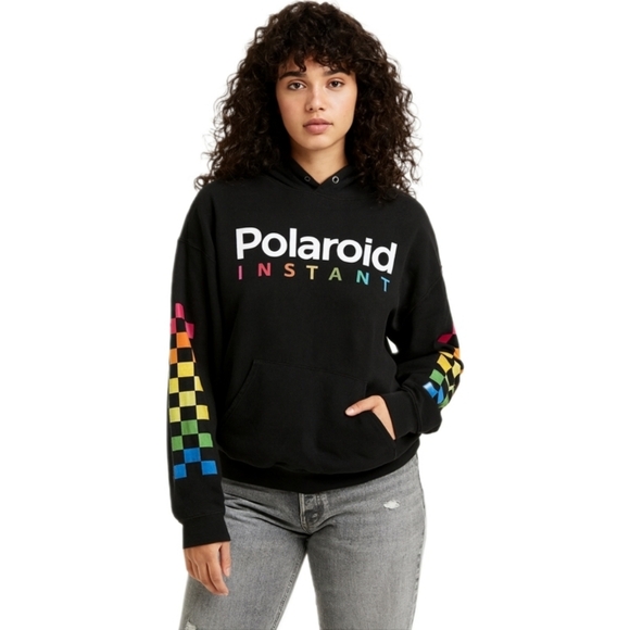 Polaroid Black Hoodie Logo Graphic Rainbow Checkerboard Sleeves - Picture 1 of 7